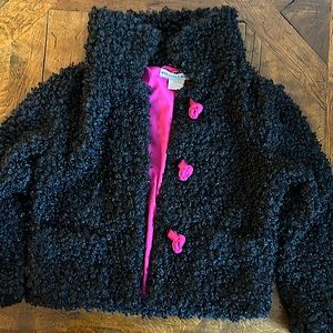 Gretchen Scoot black poodle jacket. Hot pink satin lining. Pockets.